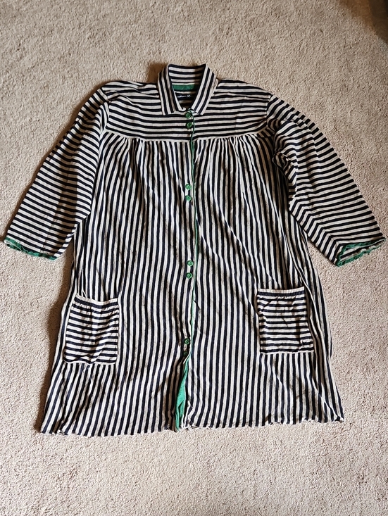 Gudrun Sjoden Sweaters - Gudrun Sjoden Navy and Oatmeal Striped Cotton Cardigan with Green Trim